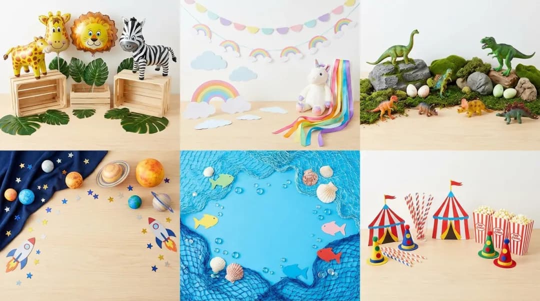 Variedade de temas de festa infantil: safari, unicórnio, dinossauro, espaço, fundo do mar e circo