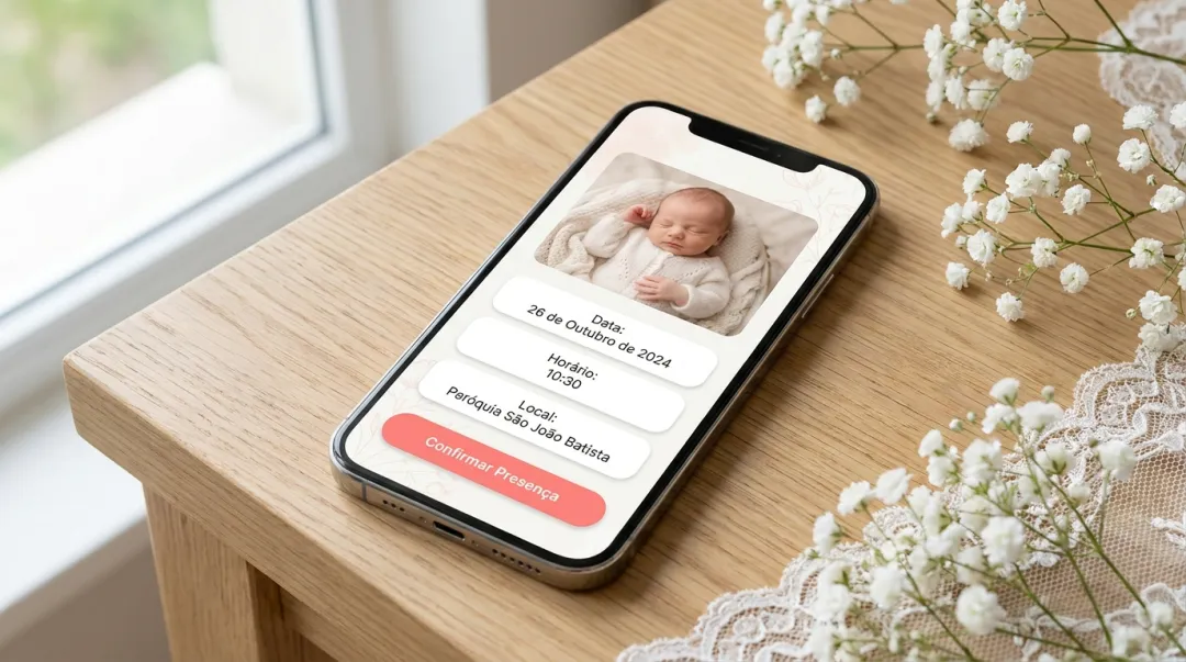 Convite de batizado com foto do bebê exibido no celular