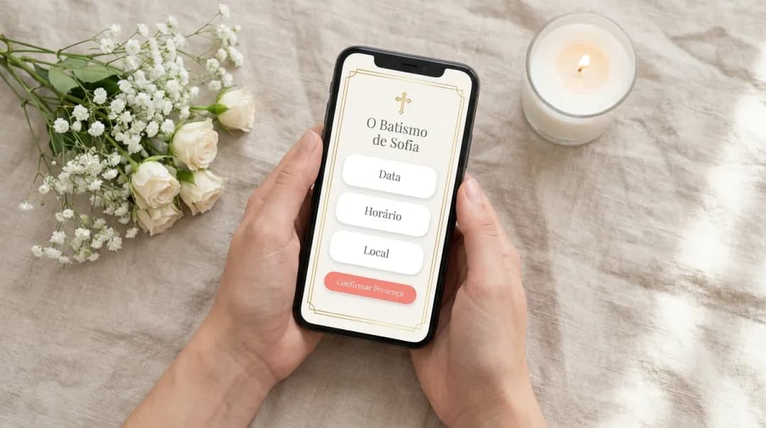 Mãos personalizando um convite de batizado no celular