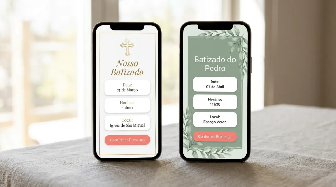 Dois estilos de convite de batizado no celular: clássico e moderno