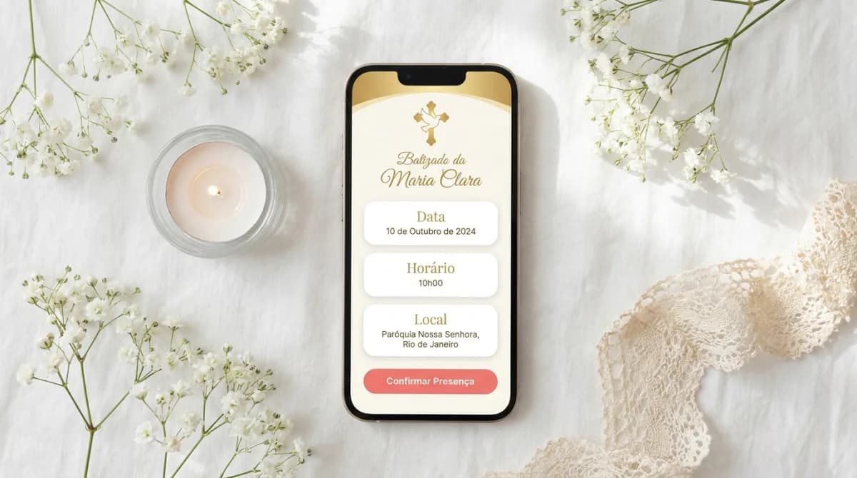 Convite de batizado elegante exibido no celular ao lado de velas e flores brancas