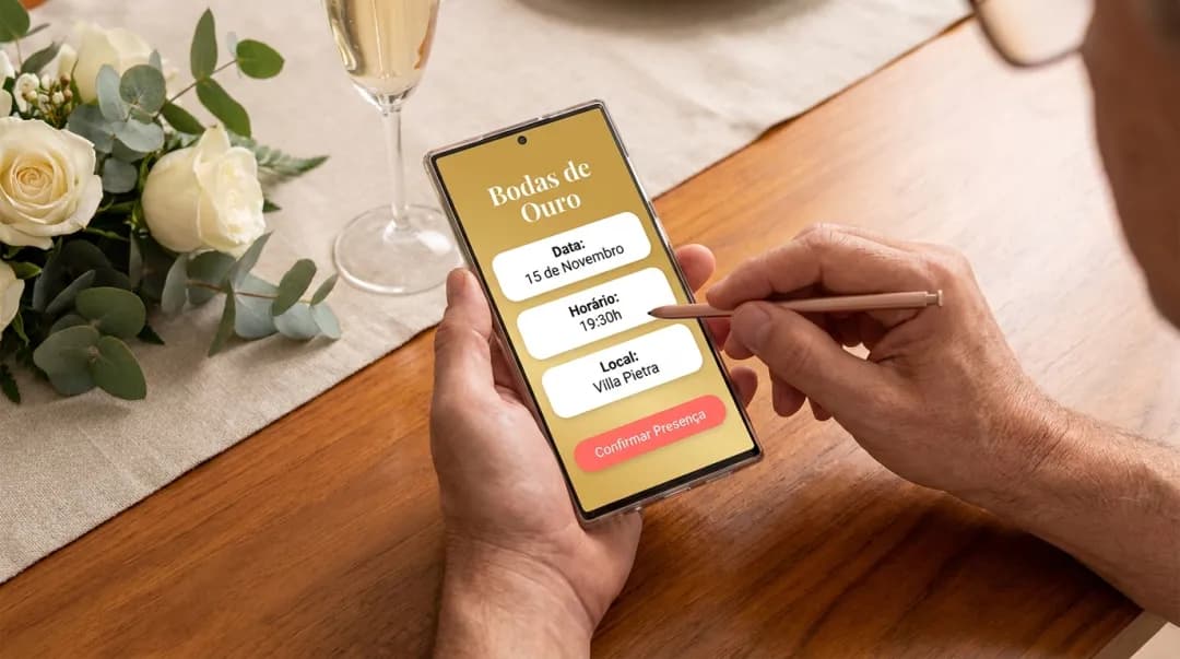 Mãos personalizando um convite de bodas no celular