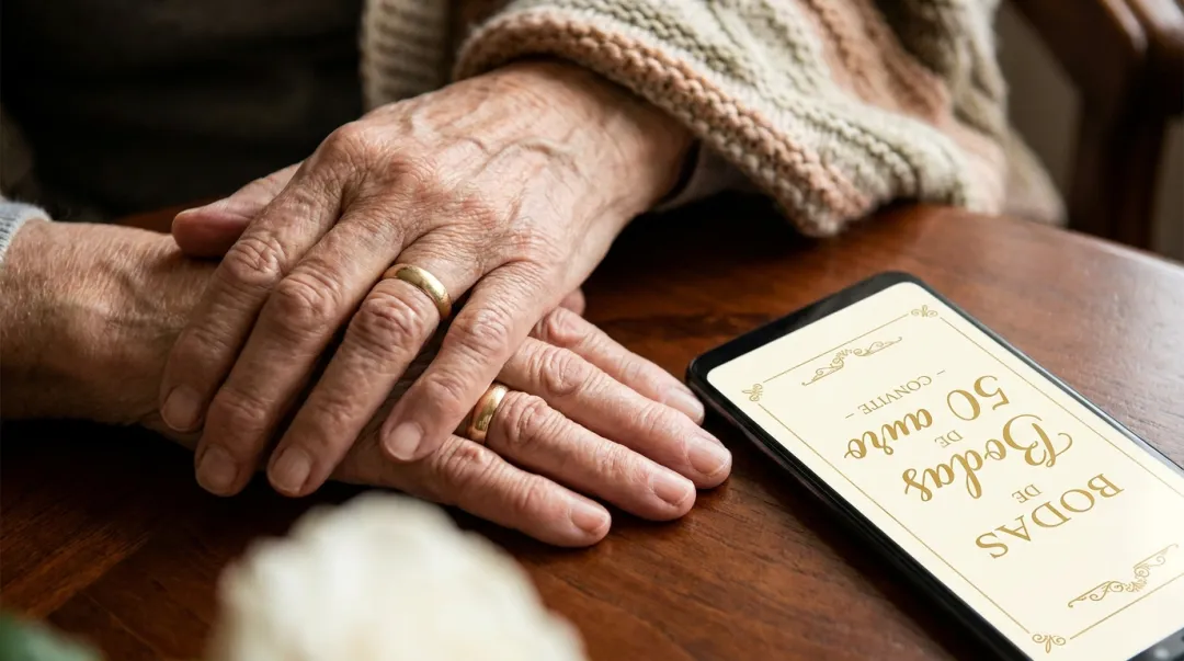 Mãos de um casal de idosos com alianças ao lado do celular mostrando o convite de bodas