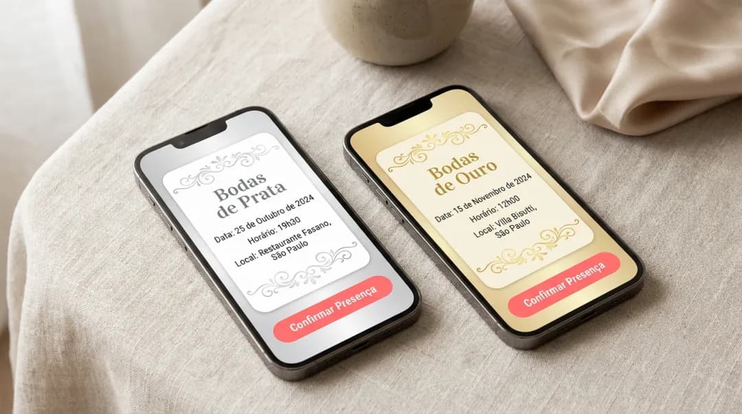 Convites de bodas de prata e de ouro exibidos lado a lado no celular