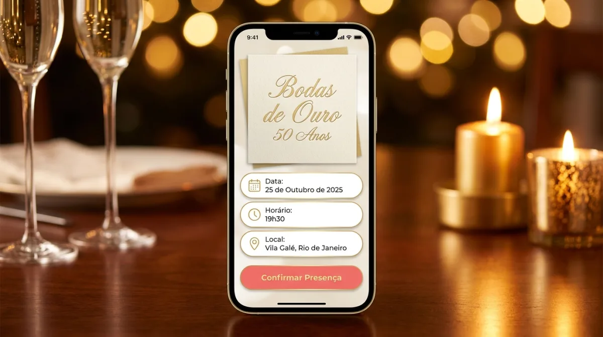 Convite elegante de bodas de ouro exibido no celular ao lado de taças de champagne