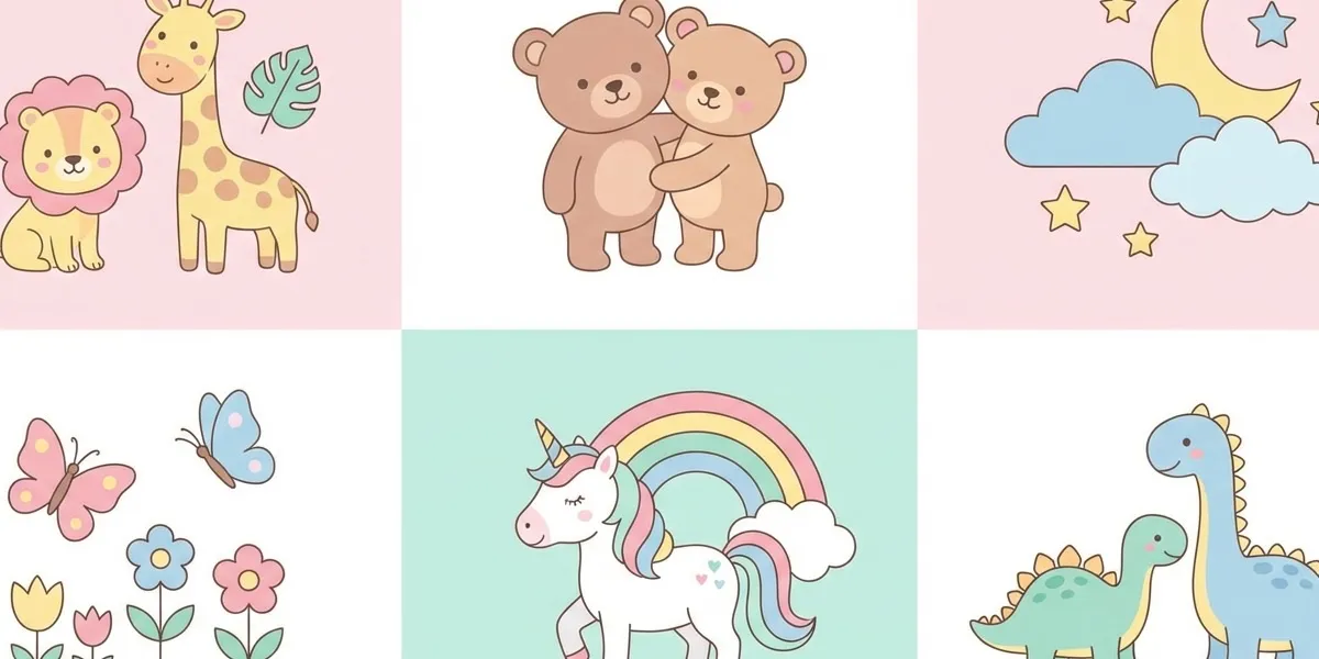Grid de temas populares para chá de bebê: safari, ursinhos, nuvens, borboletas, unicórnio e dinossauros