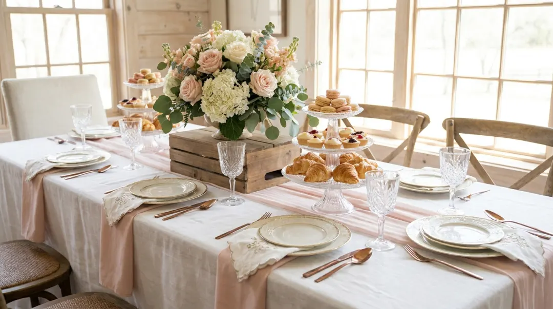 Mesa decorada de chá de cozinha com presentes, utensílios e flores