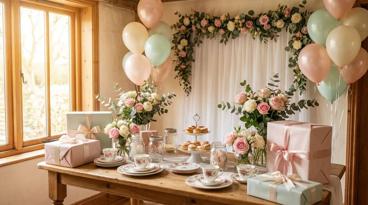 Mesa decorada de chá de cozinha com presentes, utensílios e flores