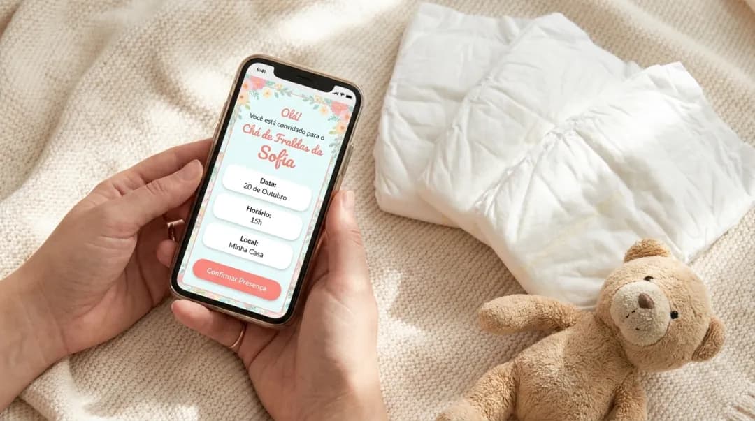 Mãos personalizando um convite de chá de fraldas no celular