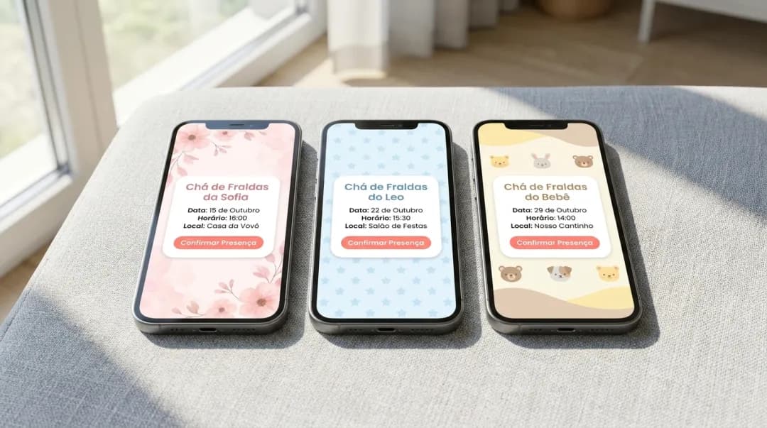 Modelos de convite de chá de fraldas no celular para menina, menino e neutro