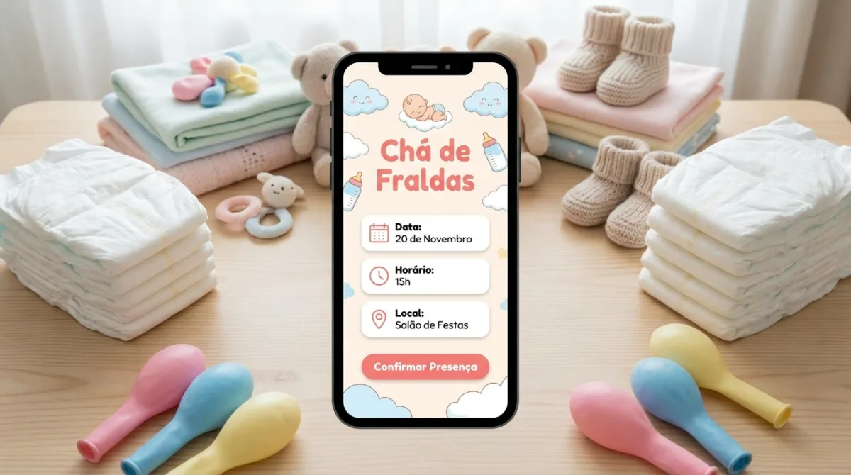 Convite de chá de fraldas no celular ao lado de pacotes de fraldas e itens de bebê
