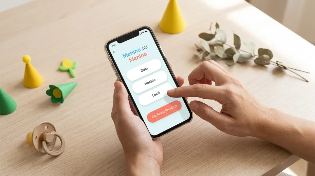 Mãos personalizando um convite de chá revelação no celular