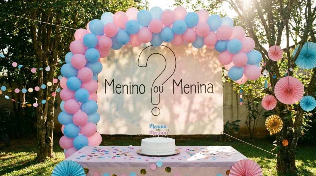 Decoração de chá revelação com balões rosa e azul e ponto de interrogação