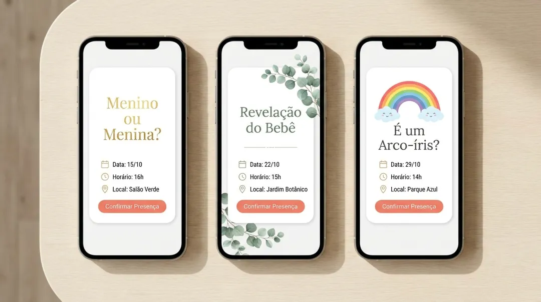 Modelos de convite de chá revelação em cores neutras no celular