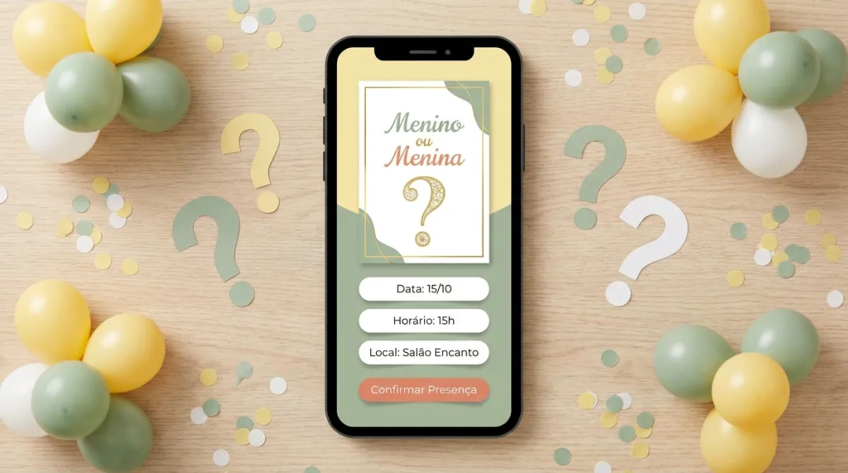 Convite de chá revelação em cores neutras no celular com decoração menino ou menina
