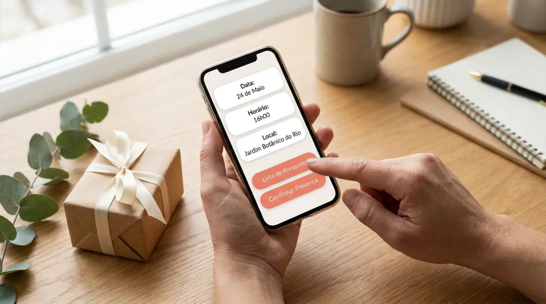 Mãos personalizando um convite com lista de presentes e chave PIX no celular