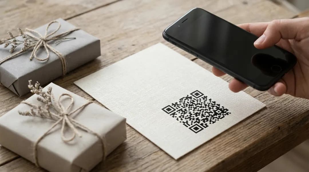 Convite impresso com QR code sendo lido por um celular ao lado de presentes