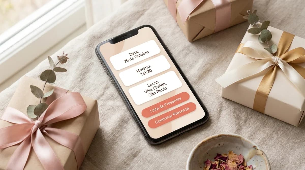 Convite digital com botão de lista de presentes no celular ao lado de presentes embrulhados