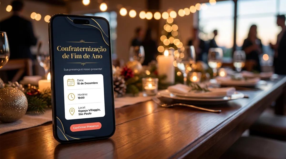 Convite corporativo de confraternização no celular em ambiente de festa de empresa