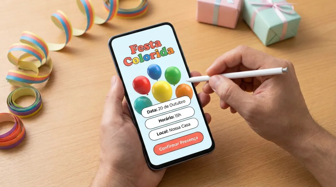 Mãos personalizando um convite colorido de aniversário infantil no celular