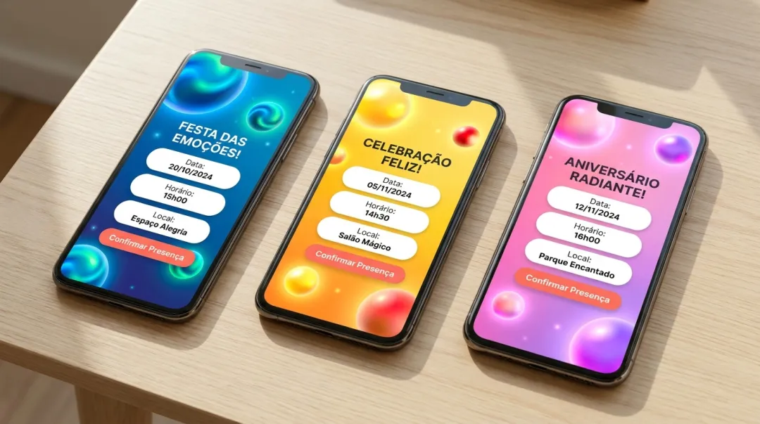 Modelos de convite com tema emoções exibidos em telas de celular