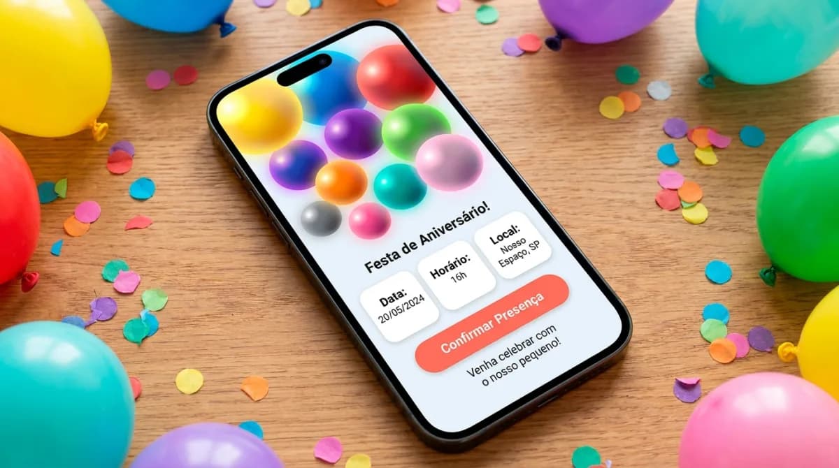 Convite de festa com tema das emoções no celular, em cores vibrantes