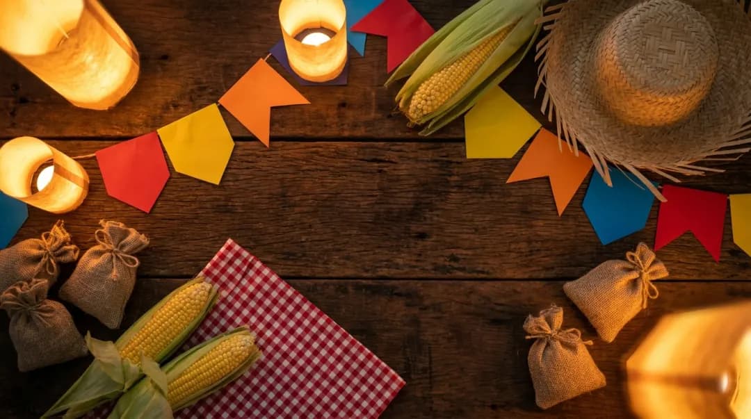 Detalhe de decoração de festa junina com bandeirinhas coloridas, milho e chapéu de palha