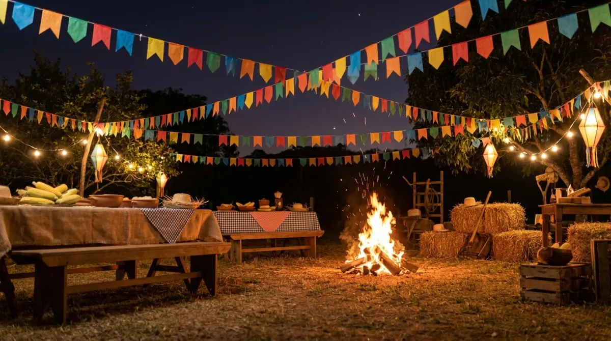 Arraiá decorado com bandeirinhas coloridas, fogueira e fardos de palha à noite