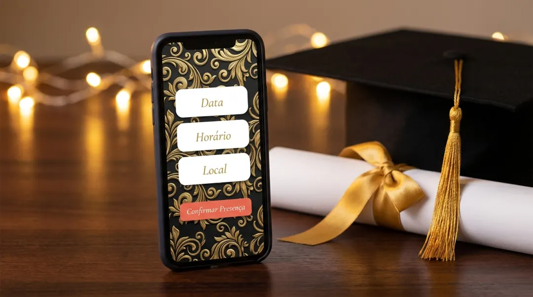 Convite de formatura dourado e preto exibido no celular com capelo e diploma ao lado