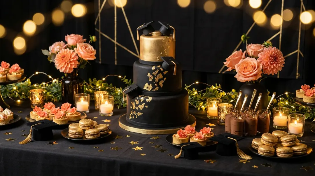 Mesa de doces de festa de formatura à noite com decoração em dourado e preto, capelos e velas