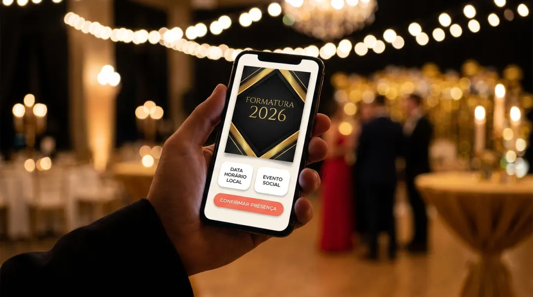Tela do celular mostrando convite de formatura elegante com cards de data, horário e local e botão Confirmar Presença