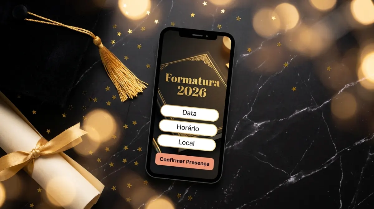 Convite de formatura elegante em dourado e preto exibido no celular ao lado de um capelo