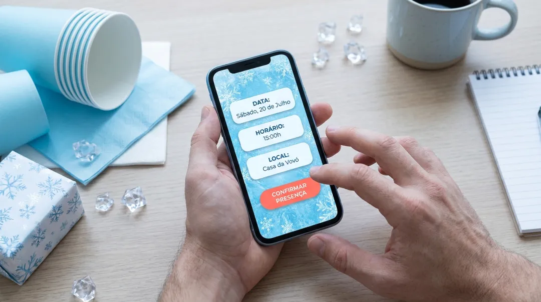Mãos personalizando um convite de tema gelo no celular