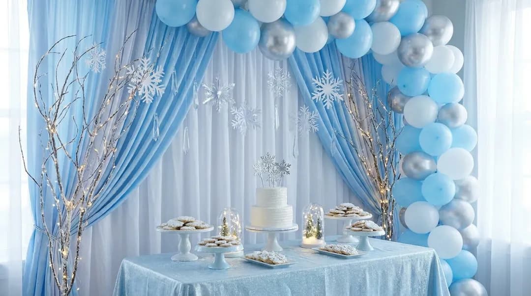 Decoração de festa infantil com tema gelo e inverno: balões azuis e brancos e flocos de neve