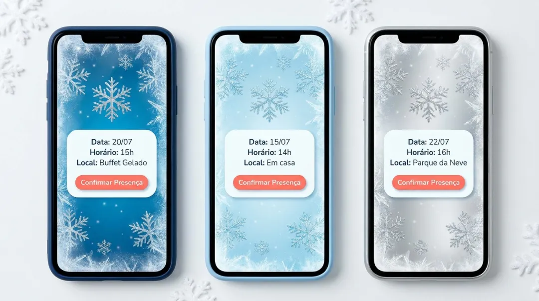 Modelos de convite com tema Frozen no celular, em tons de azul gelo