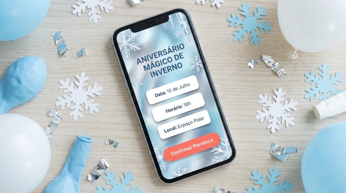 Convite de festa com tema gelo e inverno no celular, em tons de azul e prata