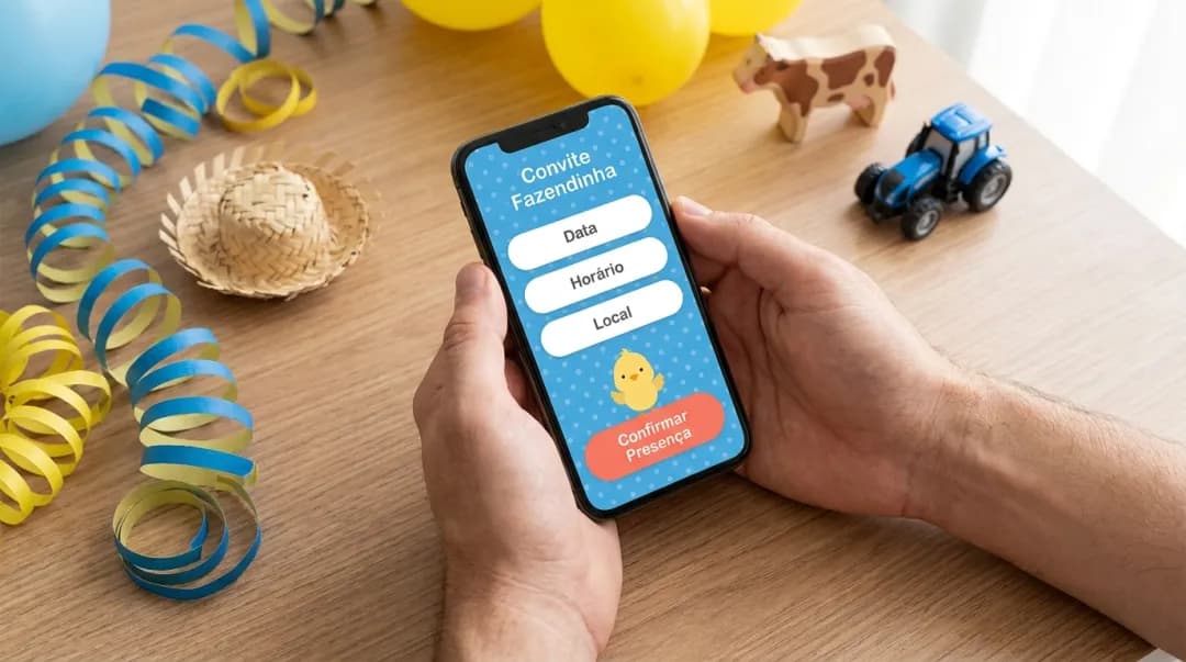 Mãos personalizando um convite infantil tema fazendinha no celular
