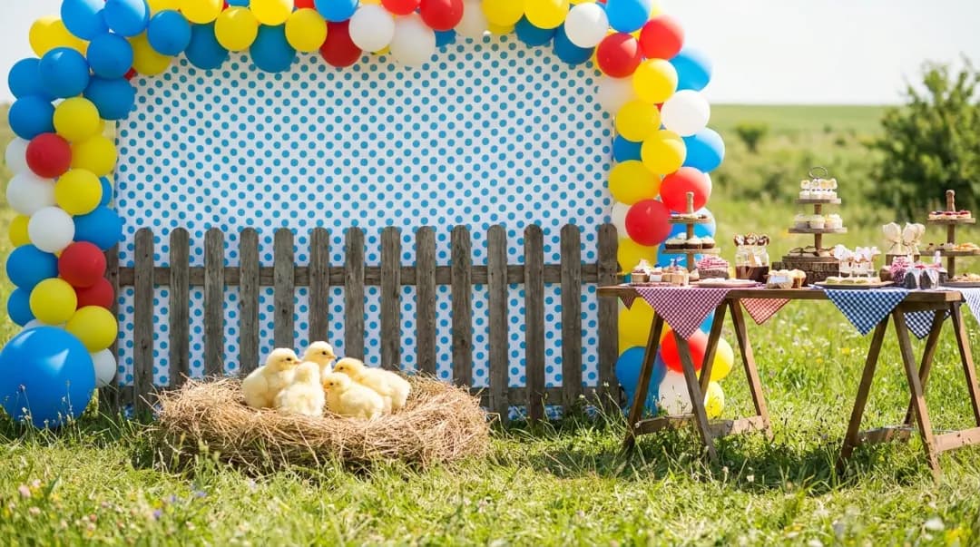 Decoração de festa infantil tema fazendinha: balões azul, amarelo e vermelho e pintinhos