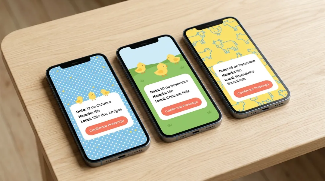Modelos de convite infantil tema fazendinha no celular, em azul de bolinhas
