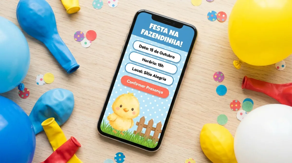 Convite de festa infantil com tema fazendinha no celular, em azul de bolinhas e amarelo