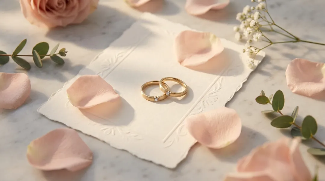Detalhe de alianças de noivado sobre convite romântico com flores e tons dourados