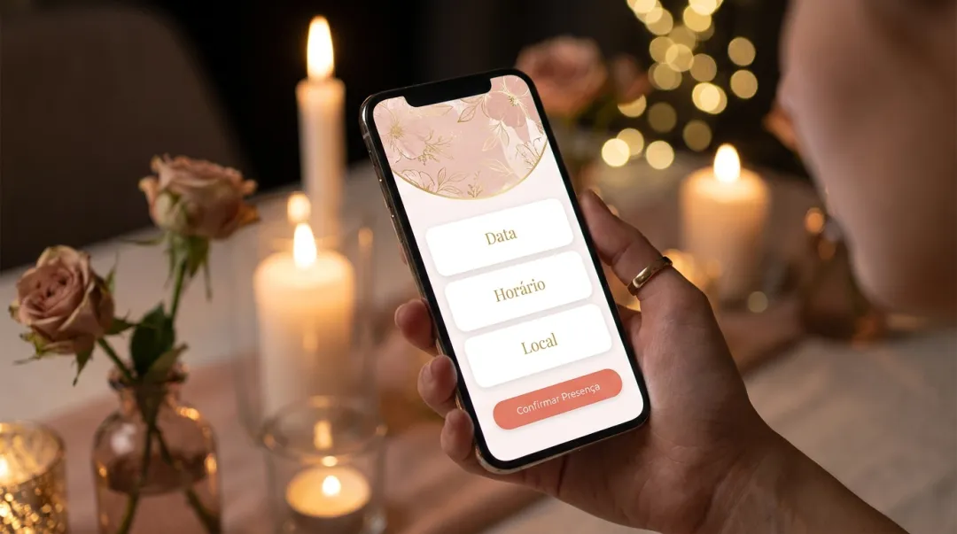 Convite de noivado romântico exibido na tela do celular com cards de data, horário e local