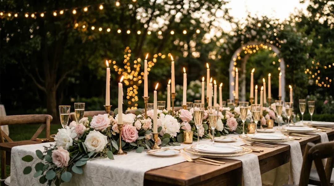 Festa de noivado elegante à noite com mesa decorada, velas e flores em tons blush e dourado