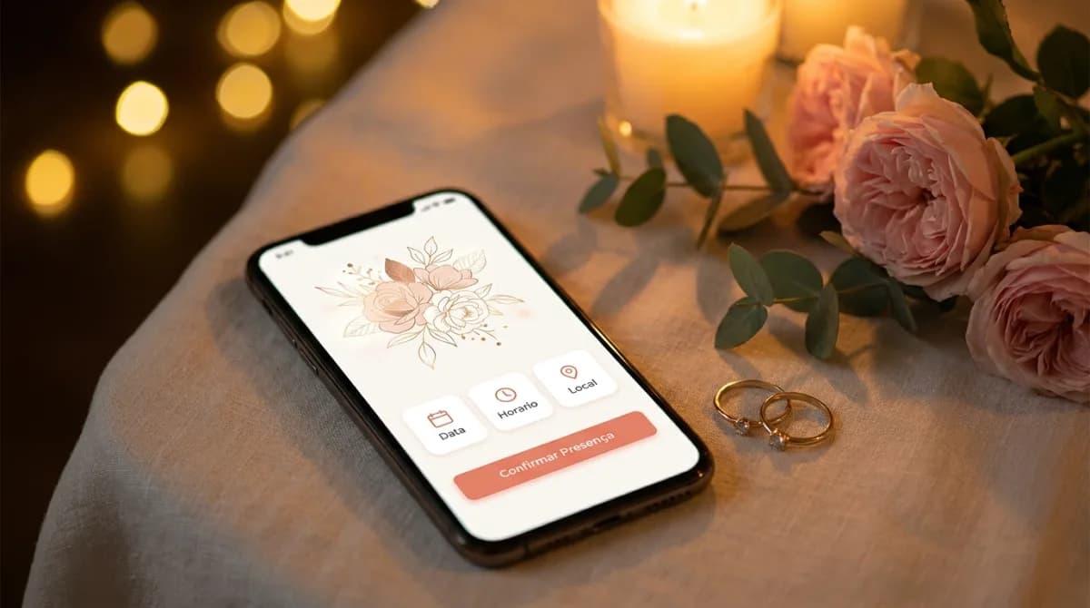 Convite de noivado romântico exibido no celular ao lado de alianças e flores delicadas