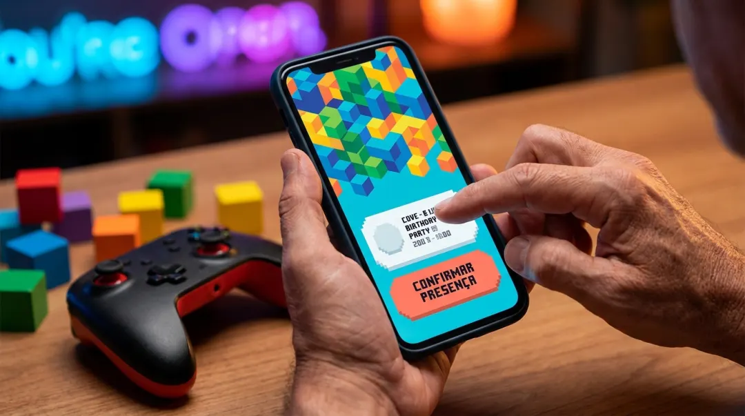 Mãos personalizando um convite de festa gamer no celular, com cards de data e local
