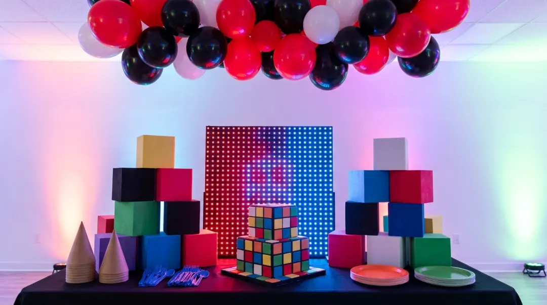 Decoração de festa gamer com blocos coloridos, balões vermelhos e pretos e luzes neon