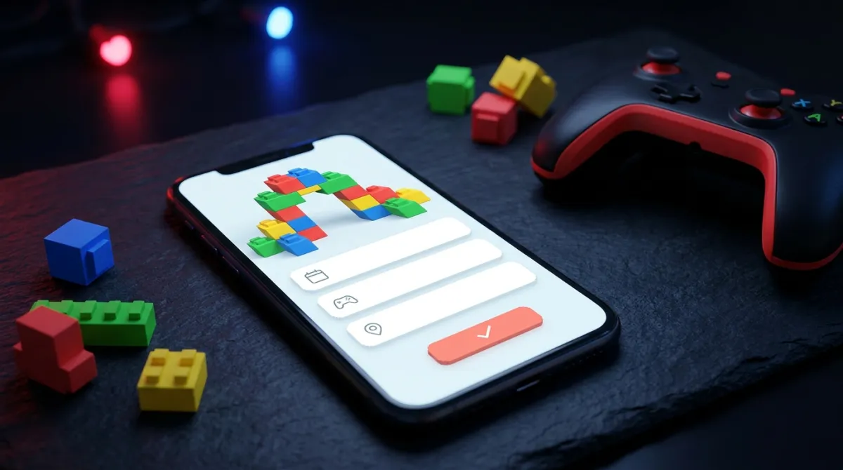 Convite de festa com tema de games em blocos no celular, em tons de vermelho, preto e neon