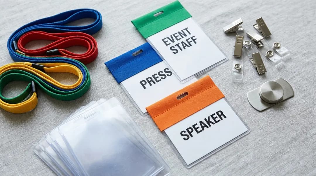 Cordões coloridos de crachá e porta-crachás plásticos organizados por categoria de participante