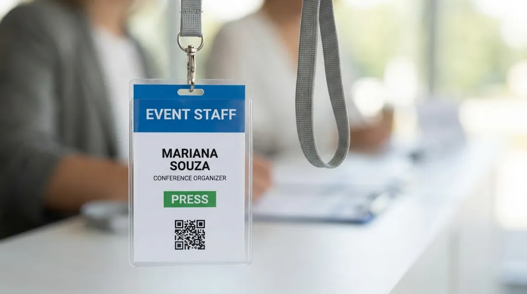 Layout de crachá de evento em branco mostrando hierarquia de nome, empresa e categoria com QR code