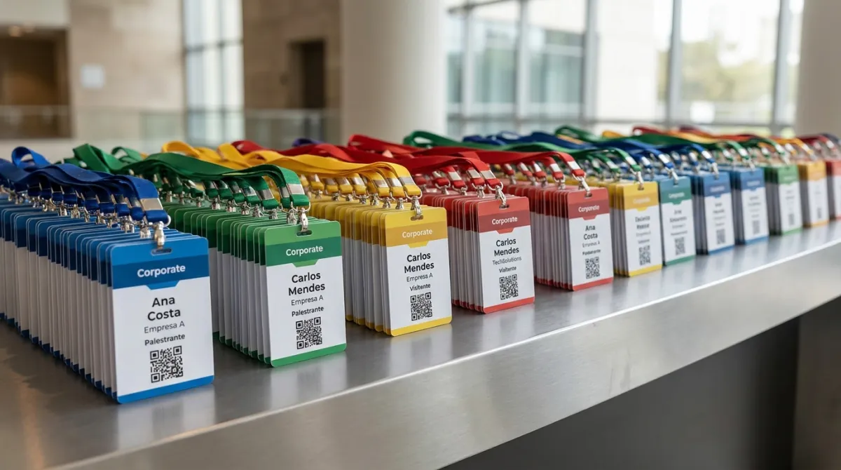 Crachás de evento em branco com cordões coloridos organizados sobre balcão de credenciamento